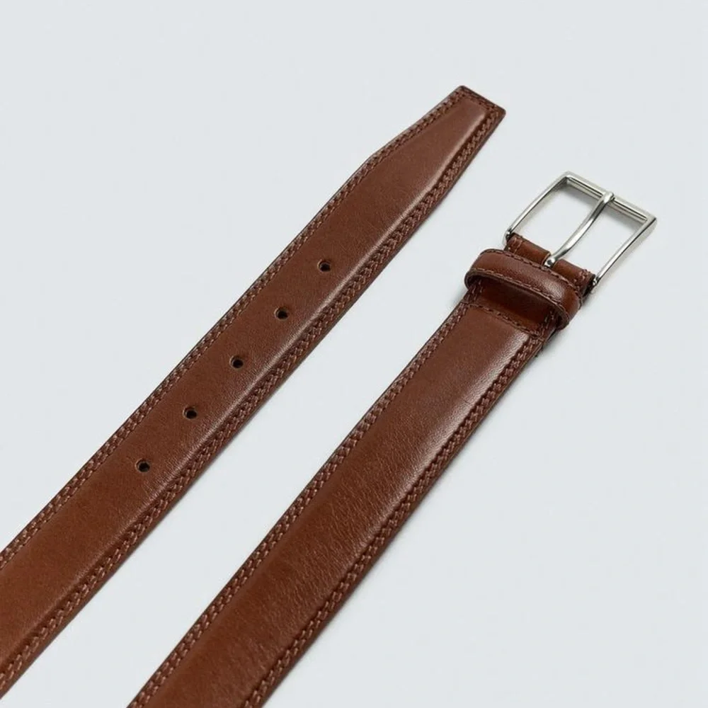NWOT. Zara Man Brown Leather Belt with Decorative Stitching. Size 40.